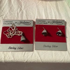 Sterling Silver set  bell Earrings and necklace snowman